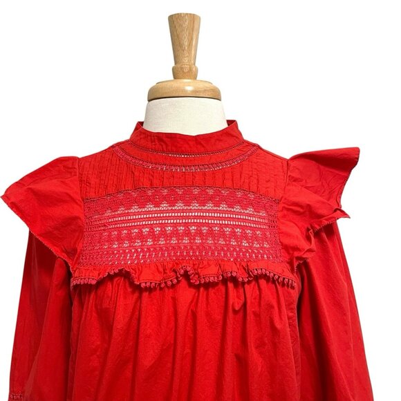 J. Crew Embroidered Crochet Ruffle Romantic High Neck Blouse Top Red size Small - Picture 3 of 12
